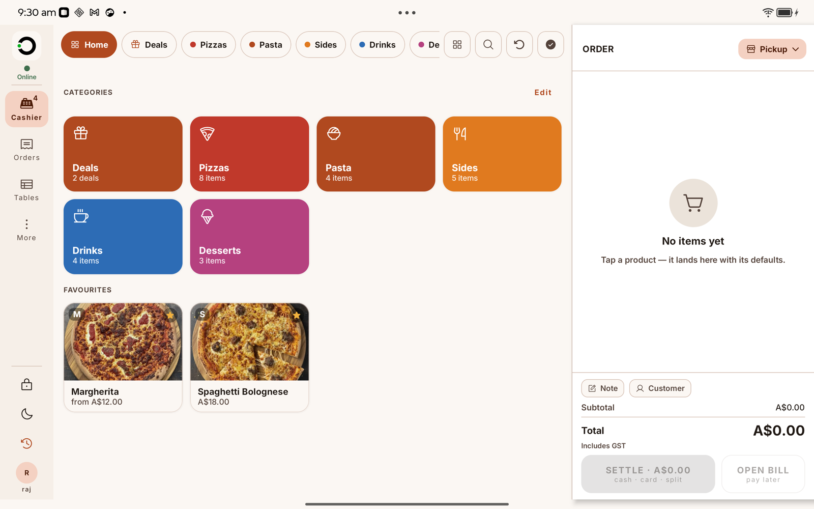 The Docket till, ready with the menu grid and a live order panel