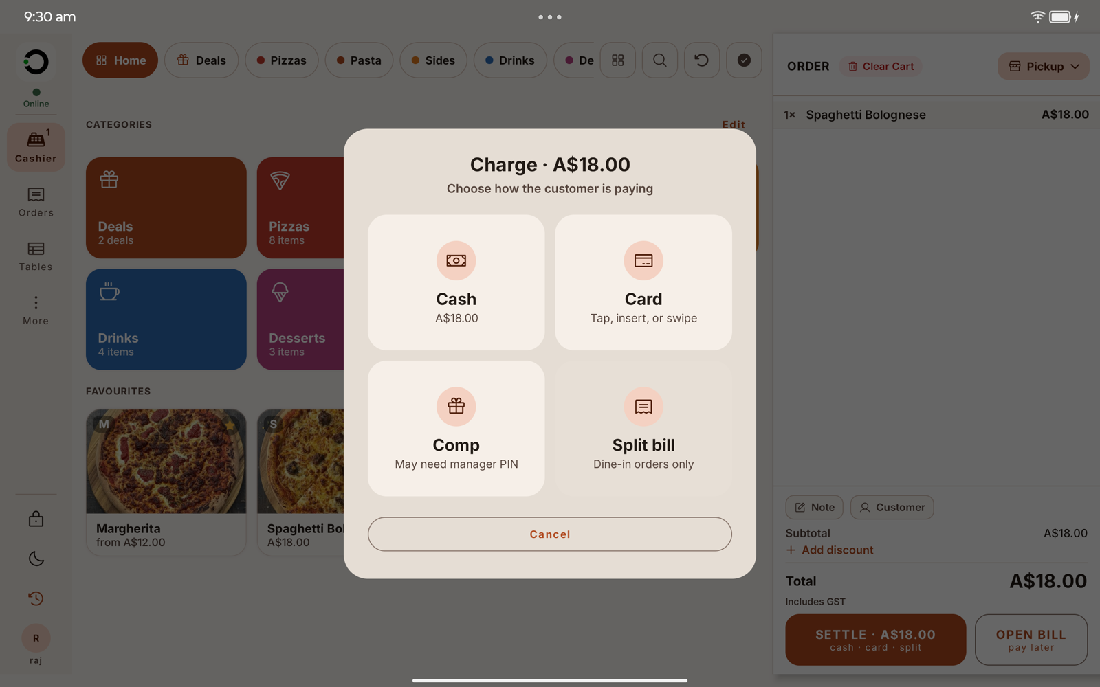The charge screen: cash, card, comp or split the bill